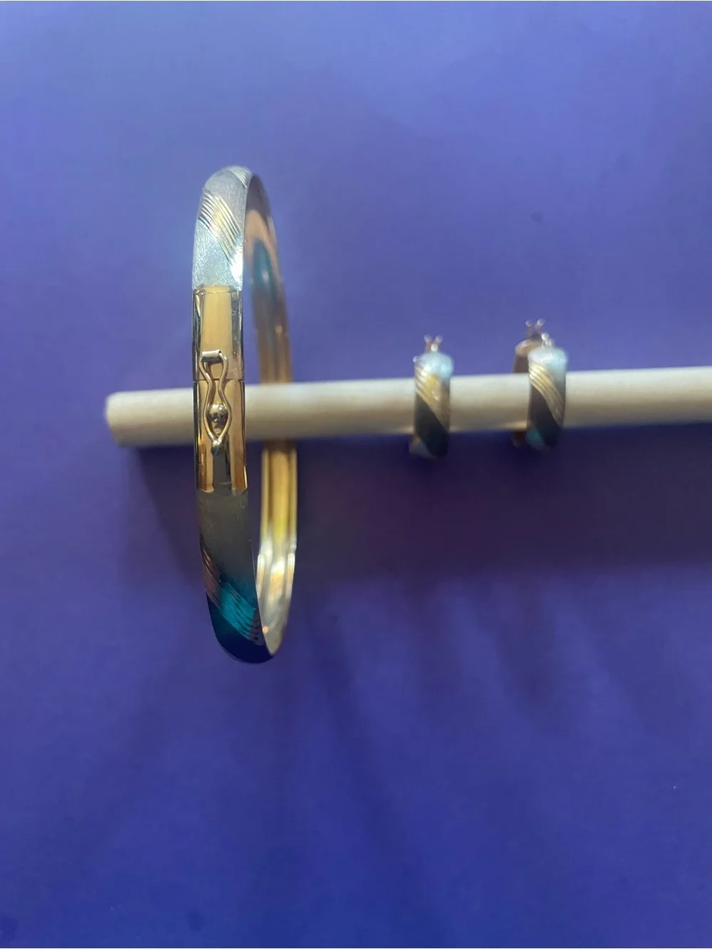 Two-Tone 10Kt Gold Hoop Earrings and Bangle Vintage Set - Picture 6 of 9
